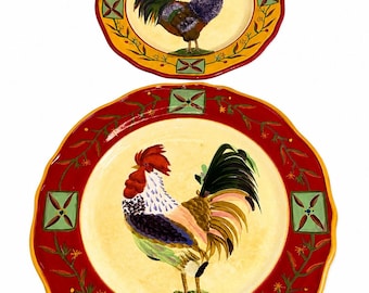 Vintage Sakura Fairweather Friends Rooster Plate Set | Large & Small Hand Painted Farmhouse Dishes