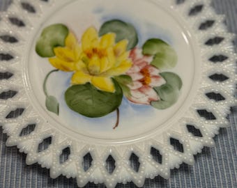 Vintage Milk Glass Hand Painted Floral Plate, Open Lace Edge, 7.25” Westmoreland Style Cottage Decor
