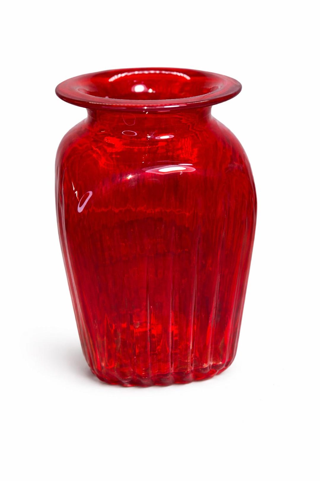 Vintage Ruby Red Art Glass Vase – Heavy Flared Rim Optic Ribbed ...