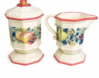 Jarra para crema y azucarero Avon Sweet Country Harvest con tapa, decoración vintage para la cocina con frutas.