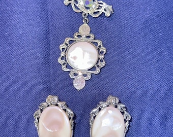 Vintage Perlmutt Anhänger Brosche & Ohrringe Set | Silber Ton Floral filigrane romantische Schmuck