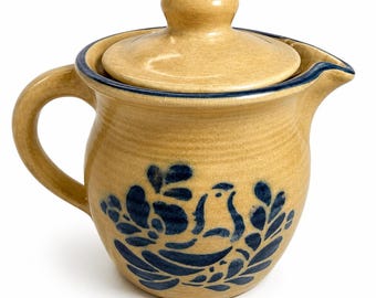Vintage Pfaltzgraff Folk Art Brown Blue Flower Stoneware Teapot 40 oz with Lid USA