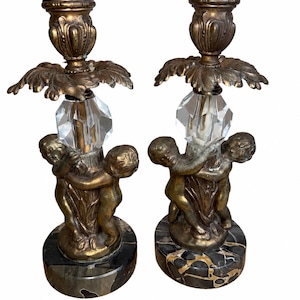 Vintage Brass Cherub Crystal Candlesticks Pair Marble Base 10” Hollywood Regency Candle Holders