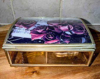 Vintage Enesco Glas Spieluhr Rose Design | “Durch die Augen der Liebe” Schmuckschatulle | Schmuckschatulle mit Aufziehmusik
