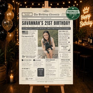 Op de afbeelding: Een gepersonaliseerde verjaardagsposter in krantenstijl getiteld The Birthday Chronicle, met de kop Savannah's 21st Birthday, een centrale foto van een persoon met een hond en kolommen met historische feiten uit het jaar 2005.