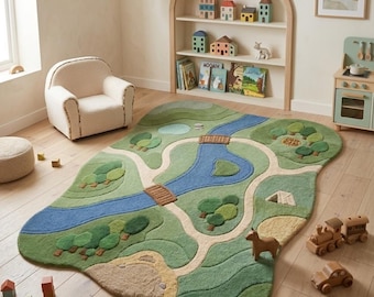 Nature Play Hand Tufted Rug for Kids Room, River Road Map Rug, Montessori Toy Rug, Nursery Playmat, Educational Toddler Gift, Waldorf Kids