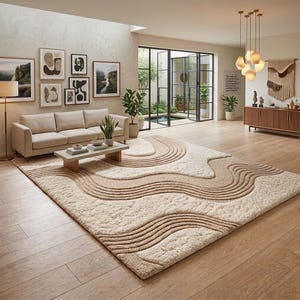 May include: A large rectangular area rug featuring a textured, high-pile surface with a pattern of wavy, raised lines in shades of cream and light beige. The design consists of flowing, organic curves that create a layered, three-dimensional effect.