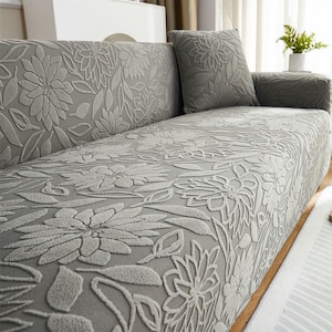 Floral Jacquard Sofa Cover, Soft Stretch Fleece Slipcover, All Season Protector
