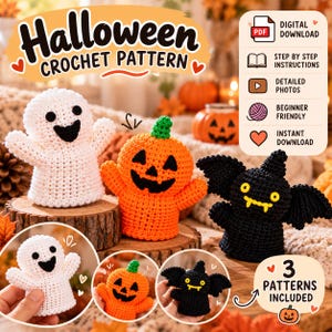Halloween Crochet Pattern Bundle: Ghost, Pumpkin, Bat Finger Puppets (PDF Download)