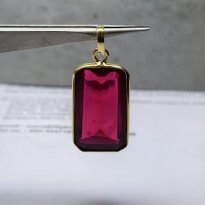 Rectangular Ruby Solitaire Pendant, Brass Setting, July Birthstone