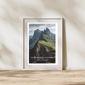 Póster de la cresta Seceda de los Dolomitas, lámina de los Alpes italianos, arte mural de paisaje de montaña, decoración de viaje a Italia