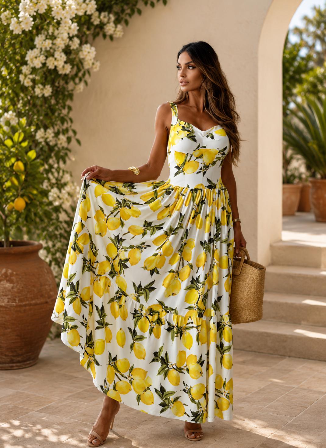 Lemon Print Maxi Dress, Summer Sundress, Italian Amalfi Style