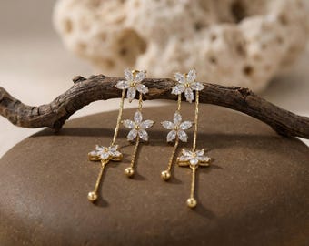 Blumen baumeln Ohrringe, 18K vergoldet 925 Sterling Silber, Kristall Blumen Ohrringe, Braut Hochzeit Schmuck, Geschenk für sie