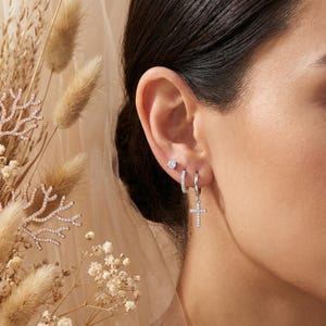 18K Gold Plated 925 Sterling Silver Cross Huggie Earring Set, CZ Stud and Hoop Ear Stack, Dainty Christian Cross Earrings Gift for Her