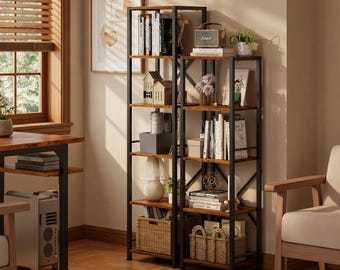 6 Tier Tall Bookshelf: Industrial Narrow Wood Metal Storage Shelf Rack