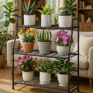 May include: A black metal plant stand with three shelves displays various potted plants. The plants include succulents, flowering plants, and greenery in white, gray, and terracotta pots. The stand is positioned in a well-lit living room setting.