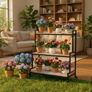 May include: A three-tiered plant stand with various potted flowers, including hydrangeas and roses. The stand has a black metal frame and light-colored wooden shelves. The flowers are in terracotta pots and white ceramic vases, with a green grass background.