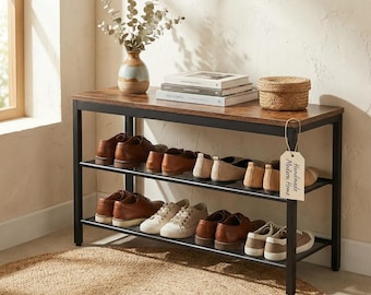 Shoe Bench with 3 Tier Rack, Industrial Entryway Storage Bench with Mesh Shelves, Rustic Brown Shoe Organizer for Hallway Living Room