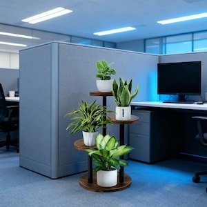 May include: A multi-tiered plant stand with four levels, each holding a potted plant. The stand has a dark metal frame and round, wooden shelves. The plants are various shades of green, and the pots are white. The stand is in an office setting.