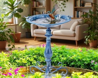 Vintage Cast Iron Bird Bath Pedestal, Ornate Blue Garden Decor (27.25")