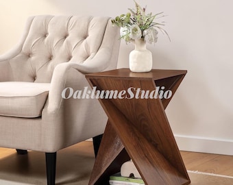 Mesa auxiliar moderna con diseño retorcido – Mesa auxiliar de estilo rústico en nogal, mesa auxiliar de diseño arquitectónico contemporáneo.