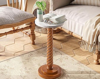 Compact Farmhouse Pedestal Dining Table – Distressed White Tabletop – Wooden Legs End Table – 12×12×24.4”