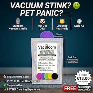 Op de afbeelding: Een VacBloom stofzuigerfilter luchtverfrisser verpakking met Troodos Lavendelgeur. De verpakking toont de tekst VACUUM STINK? PET PANIC? en vermeldt kenmerken zoals geurneutralisatie. Het bevat vijf kleurrijke geurschijfjes, 102mm bij 152mm groot.
