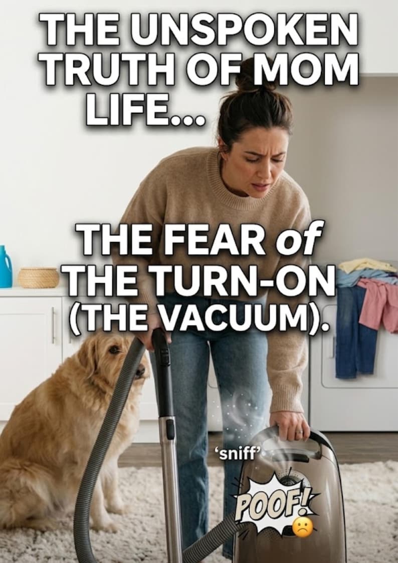 Op de afbeelding: Een persoon in een beige trui en blauwe spijkerbroek bedient een bruine stofzuiger op een wit tapijt terwijl een gouden hond toekijkt. Tekst: THE UNSPOKEN TRUTH OF MOM LIFE... THE FEAR OF THE TURN-ON (THE VACUUM). Een kleine afbeelding toont 'sniff' POOF! met een droevig gezicht.