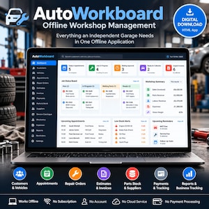 Puede incluir: Un ordenador portátil que muestra la interfaz del software de gestión de talleres sin conexión AutoWorkboard. La pantalla presenta un panel con el estado de los trabajos, citas, alertas de stock y un resumen de la actividad del taller.