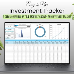 May include: A laptop displaying an investment tracker spreadsheet with charts, graphs, and financial data. The screen shows the text Easy to Use Investment Tracker and A CLEAR OVERVIEW OF YOUR MONTHLY GROWTH AND INVETMENT TRACKER in black and green.