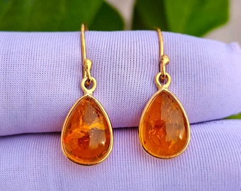 Natural Amber Gemstone Earrings Handmade 925 Sterling Silver Gold Plated Drop Jewelry
