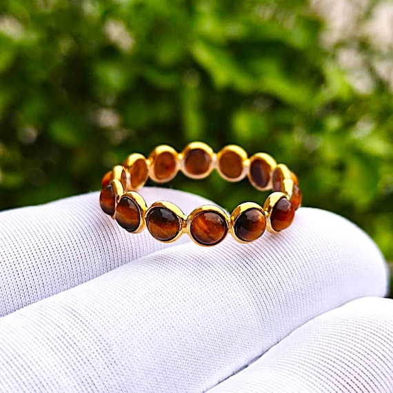 Natural Round Tiger Eye's 925 Sterling Silver Gold Plated Ring, Handmade Eternity Band Jewelry