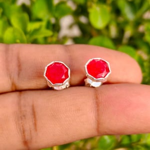 Natural Ruby Gemstone Stud Earrings, Handmade 925 Sterling Silver Gold Plated Minimalist Jewelry