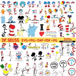 Könnte beinhalten: Eine Sammlung von Dr. Seuss-Themenbildern in den Formaten SVG, PNG, DXF, PDF und JPG. Das Bild zeigt Charaktere und Zitate aus Dr. Seuss-Büchern, wie den Hutkater, Thing 1 und Thing 2 sowie weitere Illustrationen.