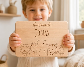 Frühstücksbrettchen personalisiert Namen & Tier-Gravur | Holzbrettchen Kinder Taufgeschenk | Geschenk zur Geburt | Geburtstag Junge Mädchen