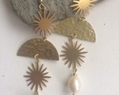 Brass Sun, Moon and Pearl Dangle and Drop Long Earrings, Boho Bohemian Chic Lightweight Day to Evening Jewelry, Fun Shoulder Dusters