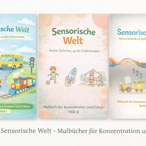 Könnte beinhalten: Set aus drei Kinderarbeitsheften mit dem Titel "Sensorische Welt" und farbenfrohen Illustrationen. Die Cover zeigen einen Hubschrauber, einen Bus, ein Auto, einen Zug, eine Rakete, ein Haus und einen Zug mit Zahlen und Buchstaben.