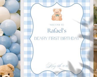 Teddy Bear First Birthday Welcome Sign, Blue Gingham Party Decor ...
