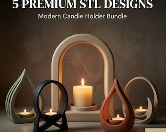 May include: An image showcasing five modern candle holder designs. The holders are in various shapes and colors, including green, black, and terracotta. Each holder has a lit candle, creating a warm ambiance. The text reads "5 Premium STL Designs" and "Modern Candle Holder Bundle."
