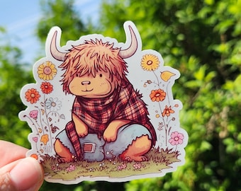 Highland Cow in a Field of Flowers sticker | 3" sticker | vinyl decal | water bottle sticker | laptop sticker | highland cow sticker