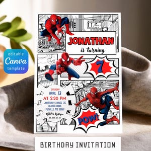 May include: A birthday invitation with Spider-Man illustrations in a comic book style. The invitation includes the text "JONATHAN is turning 7" and event details. The design incorporates red, blue, and black and white elements.