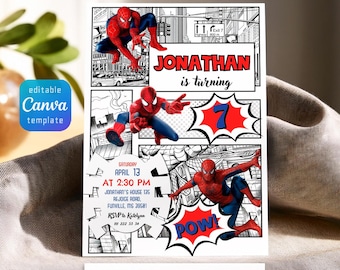 Zaproszenie urodzinowe Spidermana, zaproszenie komiksowe z superbohaterami, edytowalny szablon zaproszenia na imprezę Spidermana, cyfrowy szablon Spider-Mana