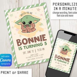 Może przedstawiać: Zaproszenie na przyjęcie urodzinowe z postacią z kresk&oacute;wki. Zaproszenie zawiera tekst "Bonnie kończy 5 lat" z datą, godziną i miejscem. Projekt jest r&oacute;wnież wyświetlany na smartfonie.