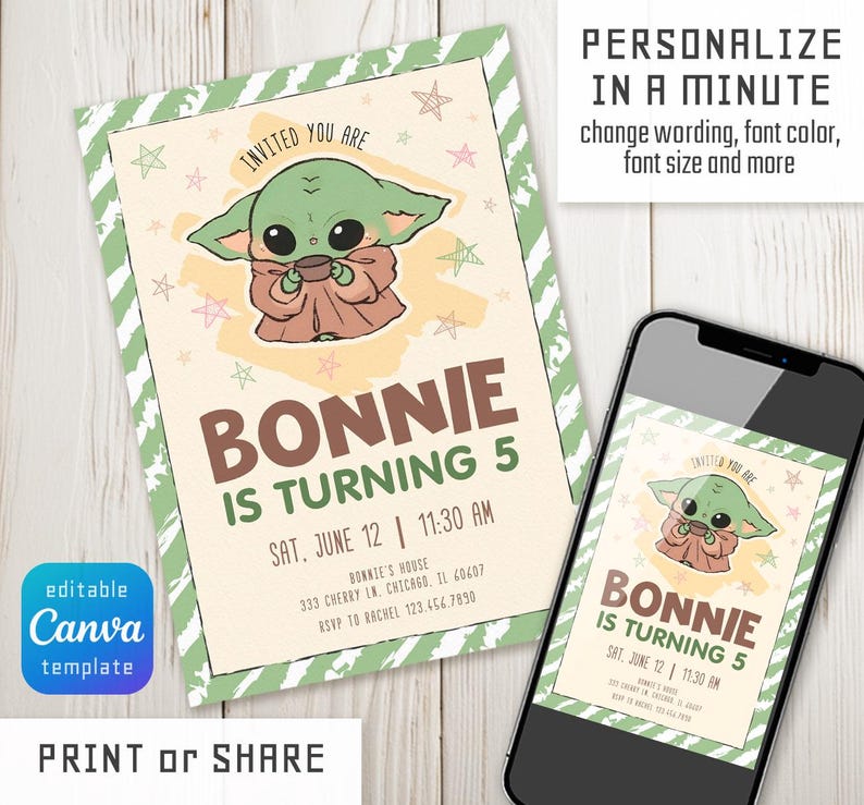 Może przedstawiać: Zaproszenie na przyjęcie urodzinowe z postacią z kresk&oacute;wki. Zaproszenie zawiera tekst "Bonnie kończy 5 lat" z datą, godziną i miejscem. Projekt jest r&oacute;wnież wyświetlany na smartfonie.