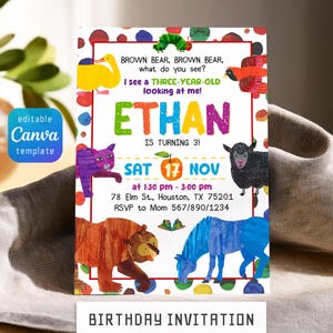 May include: A rectangular birthday invitation template featuring colorful illustrations of animals and a caterpillar. The text reads: BROWN BEAR, BROWN BEAR, what do you see? I see a THREE-YEAR-OLD looking at me! ETHAN IS TURNING 3! SAT 17 NOV.