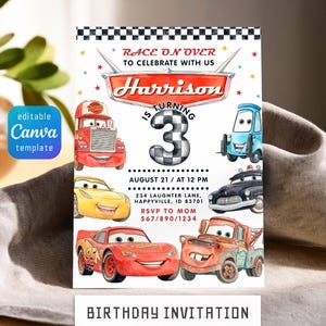 May include: A birthday invitation card featuring a checkered border, watercolor illustrations of five cartoon cars, and the text: RACE ON OVER TO CELEBRATE WITH US, Harrison IS TURNING 3, AUGUST 21 / AT 12 PM, 234 LAUGHTER LANE, HAPPYVILLE, ID 83701, RSVP TO MOM 567/890/1234.