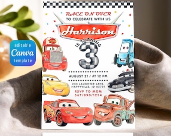 Cars invitation, Lightning McQueen invite, printable birthday party invitation, Racing birthday invitation template