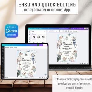 May include: An editable Canva template displayed on a tablet and a laptop screen, featuring a Zootopia-themed birthday invitation with cartoon characters, text fields for event details, and the text "EASY AND QUICK EDITING in any browser or in Canva App".