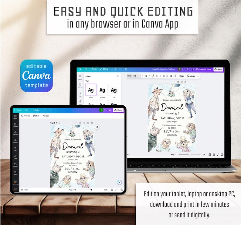 May include: An editable Canva template displayed on a tablet and a laptop screen, featuring a Zootopia-themed birthday invitation with cartoon characters, text fields for event details, and the text "EASY AND QUICK EDITING in any browser or in Canva App".