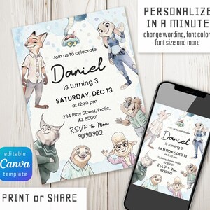 May include: A digital birthday invitation template featuring Zootopia characters including Nick Wilde, Judy Hopps, Flash, and others. The text reads: Join us to celebrate Daniel is turning 3, Saturday, Dec 13 at 12:30 pm, 234 Play Street, Frolic, AZ 85001, RSVP to Mom 901.901.9012.
